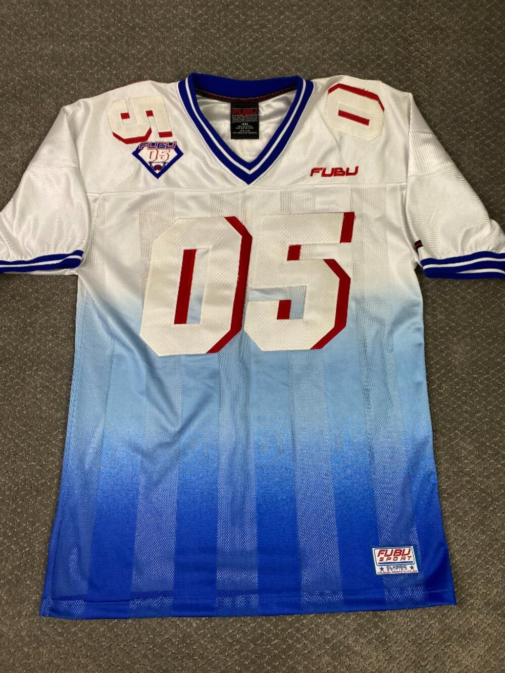 Vintage 90s FUBU 05 Football Jersey Mens Medium Blue White Hip Hop Rap Korea
